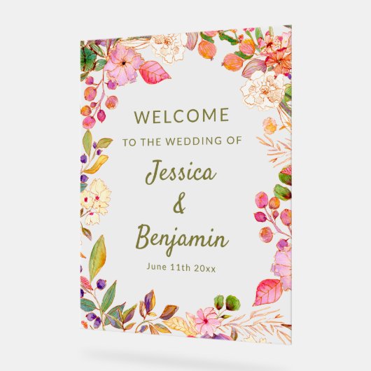 Colorful Watercolor Floral Wedding Welcome Sign (Angle)