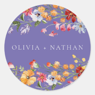 Colorful Watercolor Wildflowers Purple Wedding Ronde Sticker