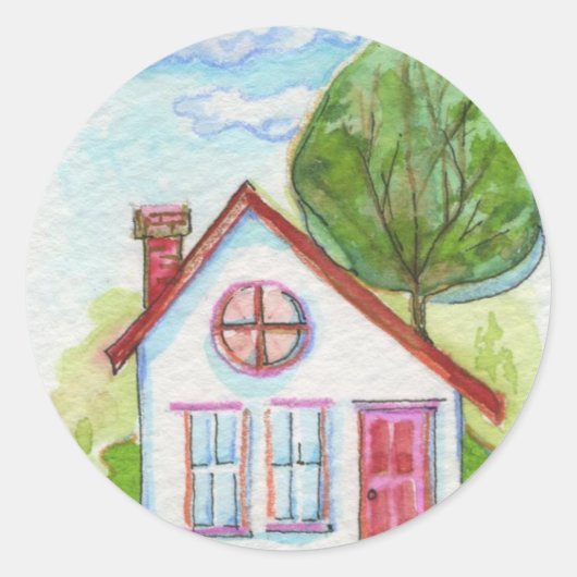 Colorful Waterverf House Ronde Sticker (Voorkant)