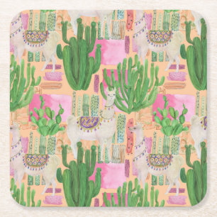 Colorful Waterverf Llama Pattern Vierkante Kartonnen Onderzetter