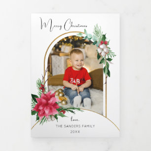 Colorful Waterverf Poinsettias, Pine & Arch Foto Drieluik Kaart
