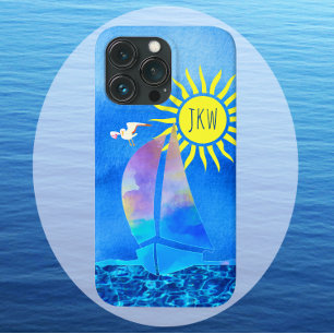 Colorful Waterverf Sailboat Sun Seagull Waves iPhone 13 Pro Hoesje