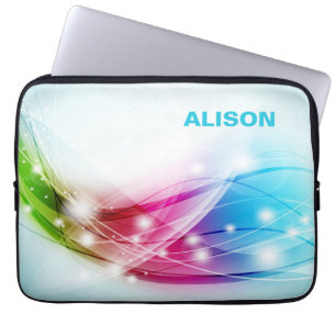 Colorful Waves Blue Background Monogram Laptop Sleeve