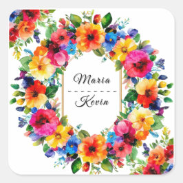 Colorful Wedding Floral Wreath Vierkante Sticker
