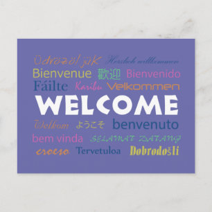 Colorful Welcome in Vele Talen Perwinkle Blue Briefkaart