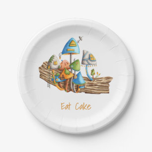 Colorful Whimsical Mushroom Village Eat Cake Papieren Bordje