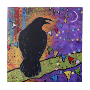Colorful Whimsical Raven Laughing Tegeltje