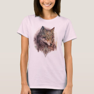 Colorful Wolf en Florals Waterverf in Natuur T-shirt