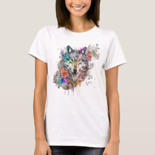 Colorful Wolf en Florals Waterverf in Natuur T-shirt