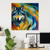 Colorful Wolf en Mountain Waves Poster (Thuiskantoor)