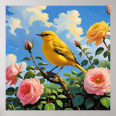 Colorful yellow bird and pretty pink roses poster (Voorkant)