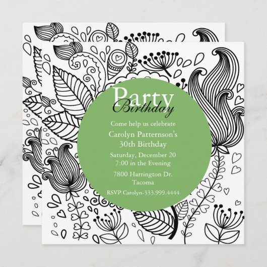 Coloriage floral Doodle Art Party Invitation (Devant / Derrière)