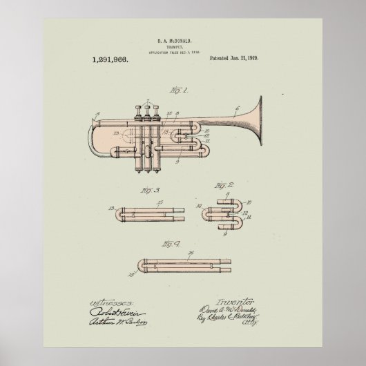 Colorized  Trumpet Patent Illustration Poster (Voorkant)