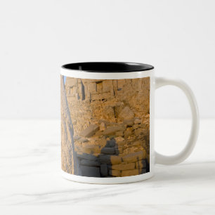 Colossale beelden van goden die de tweekleurige koffiemok