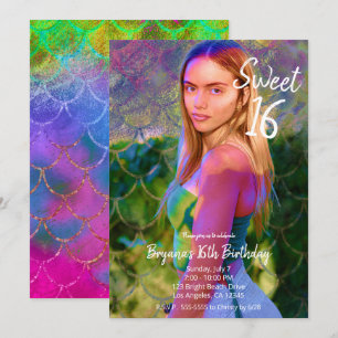 Colour Splash Mermaid Photo Sweet 16 Party Kaart