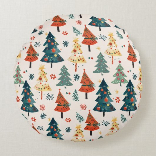 Colourful Christmas Pine Trees Seamless Pattern Rond Kussen (Voorkant)