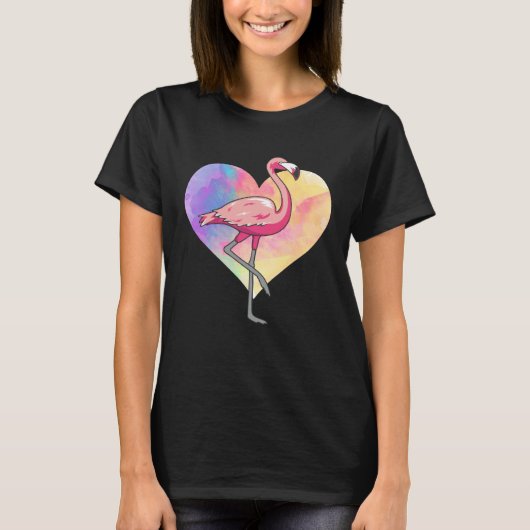 Colourful Heart Pink Flamingo Bird T-shirt (Voorkant)