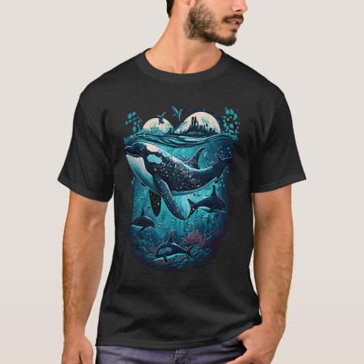 Colourful mystical orca whale watching dolphin pot t-shirt (Voorkant)