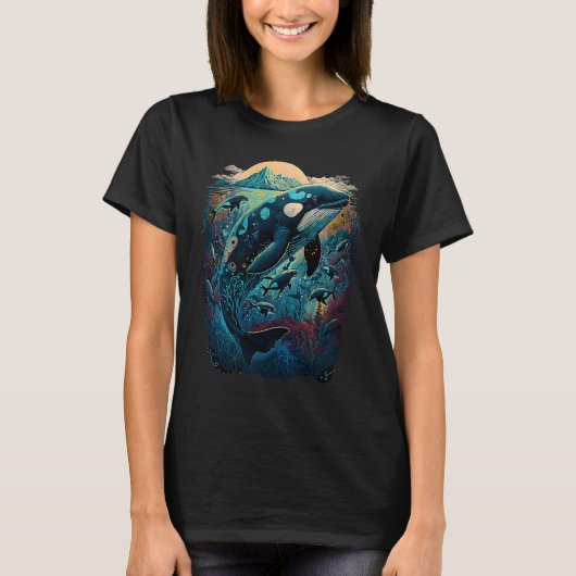 Colourful mystical orca whale watching dolphin pot t-shirt (Voorkant)
