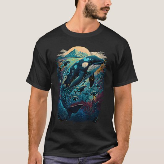 Colourful mystical orca whale watching dolphin pot t-shirt (Voorkant)