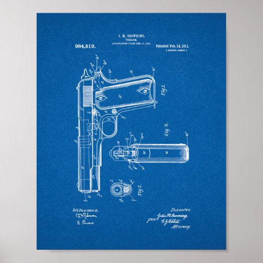 Colt 1911 Pistool patent - blauwdruk Poster (Voorkant)