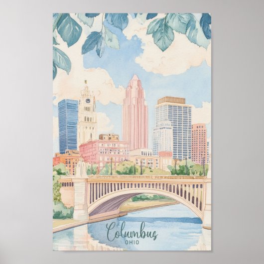 Columbus Ohio Gouache Schilderillustratie Reizen Poster (Voorkant)