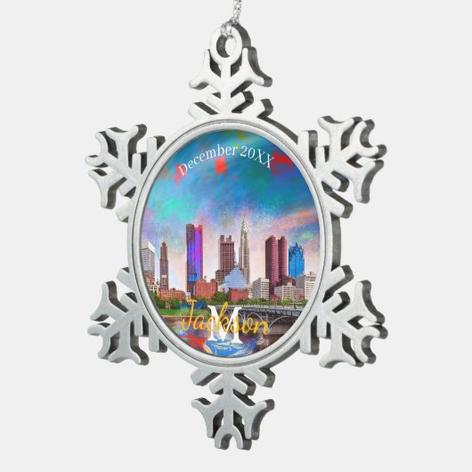 Columbus Snowflake Pewter Kerstversiering Tin Sneeuwvlok Ornament (Rechts)