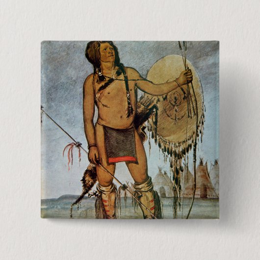 Comanche-strijder met schild, lans en boog vierkante button 5,1 cm (Voorkant)