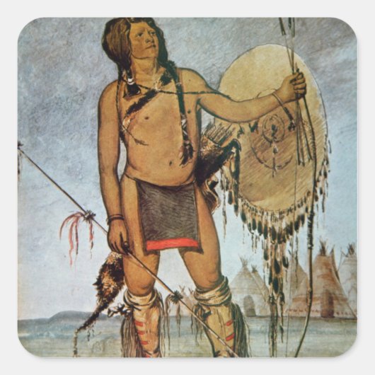 Comanche-strijder met schild, lans en boog vierkante sticker (Voorkant)