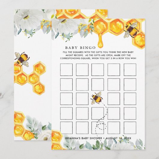 Combe de miel floral | Carte de bingo Baby shower  (Devant / Derrière)
