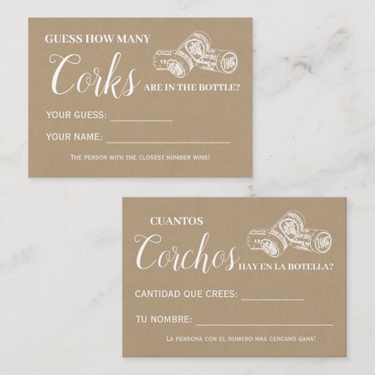 Combien de bouchons anglais espagnol carte de jeu  (Devant / Derrière)