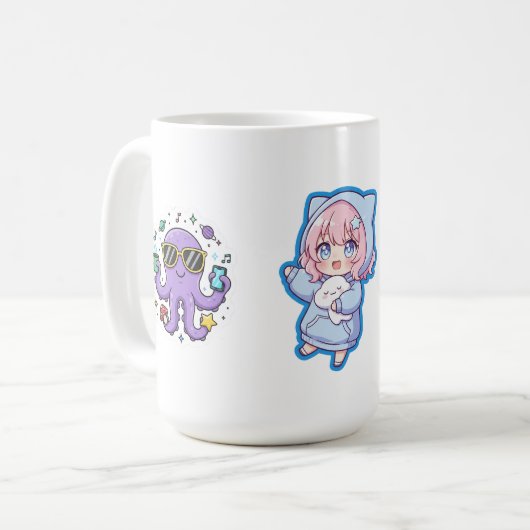 Combo Kawaii Anime, Cute Blue Whale and Octo-Vibes Koffiemok (Voorkant links)