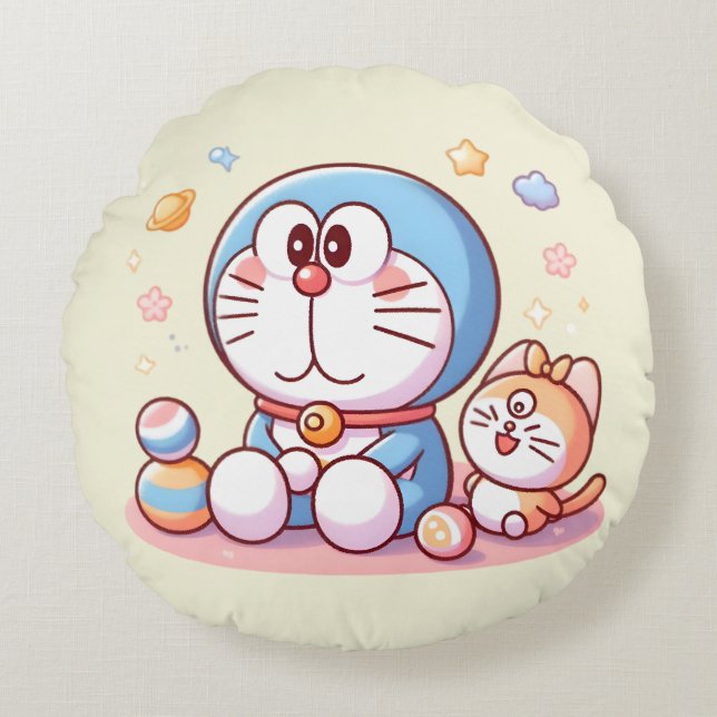 Come Come Cat And Doraemon Rond Kussen (Voorkant)