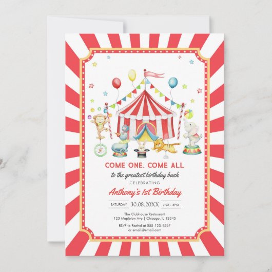 Come One Come All Circus Boy Birthday Invitation (Devant)