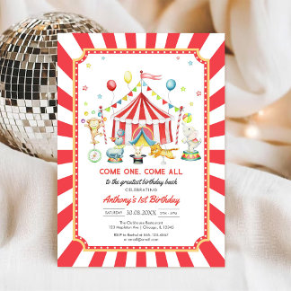 Come One Come All Circus Boy Birthday Invitation Kaart