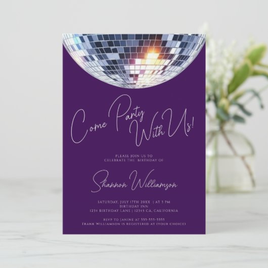 Come party purple modern disco ball birthday kaart (Staand voorkant)
