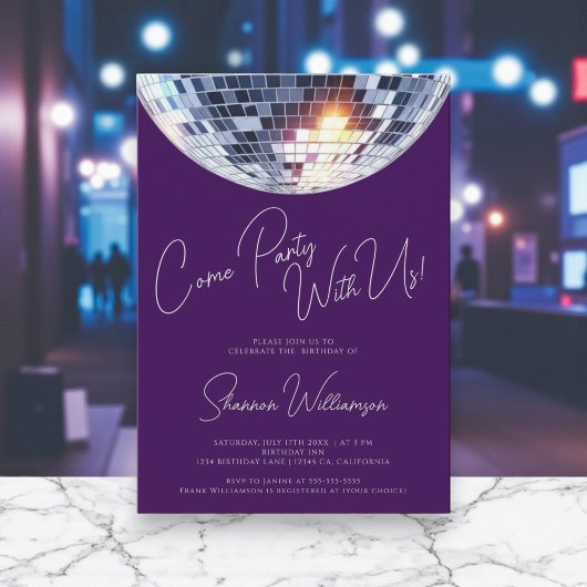 Come party purple modern disco ball birthday kaart