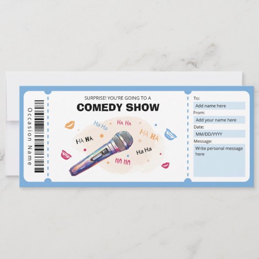 Comedy Show Cadeaubon, Stand Up Comedy Ticket Kaart (Voorkant)