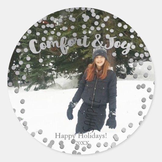 Comfort & Joy Silver Holiday, kerstfoto Ronde Sticker (Voorkant)