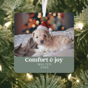 Comfort & Vreugde Foto en Naam Modern Kerstmis Metalen Ornament