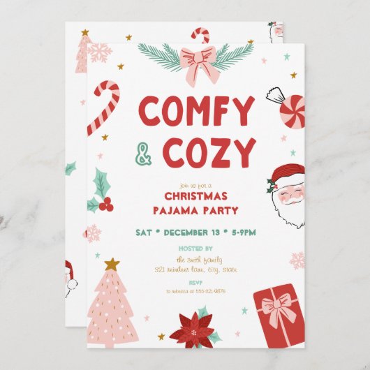 Comfy & Cozy Christmas Pajama Party Invitations (Devant / Derrière)