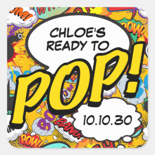 Comic Book Klaar om te POP Baby Shower Feestje Vierkante Sticker