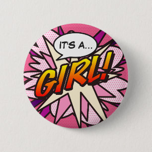 Comic Book Pop Art IT'S A GIRL Gender Reveal Ronde Button 5,7 Cm