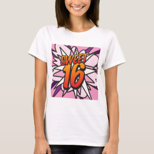 Comic Book Pop Art Roze SWEET 16 VERJAARDAG T-shirt