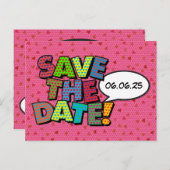 Comic Book Save The Date Roze Harten Aankondigingskaart (Voorkant / Achterkant)