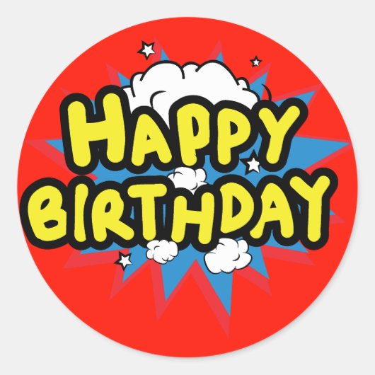 Comic book Style Happy Birthday Ronde Sticker (Voorkant)