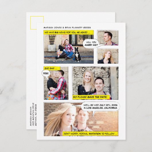 Comic Book Style Save the Date Aankondigingskaart (Voorkant / Achterkant)