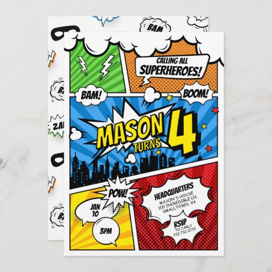 Comic Book Superheld Birthday Uitnodiging (Voorkant / Achterkant)