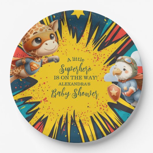 Comic Book Superhero Boy Baby shower Papieren Bordje (Voorkant)