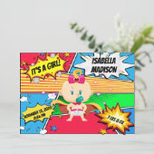 Comic Book Superhero Girl Geboorteaankondiging Aankondiging (Staand voorkant)